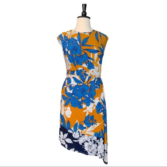 London Times Women's Asymmetrical Hem Orange Sheath Blouson Floral Dress Size 16 - Picture 1 of 12